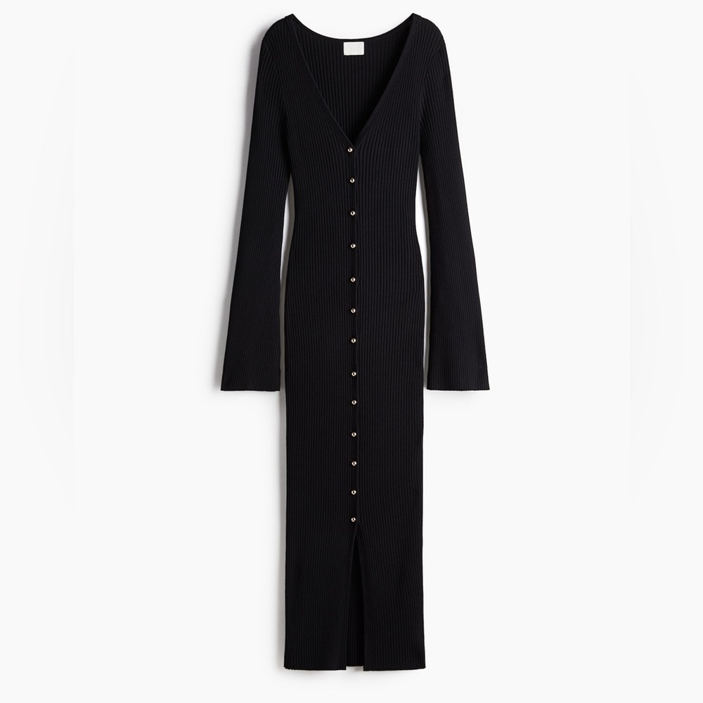 H&M black ribbed-knit button-front dress with long trumpet sleeves